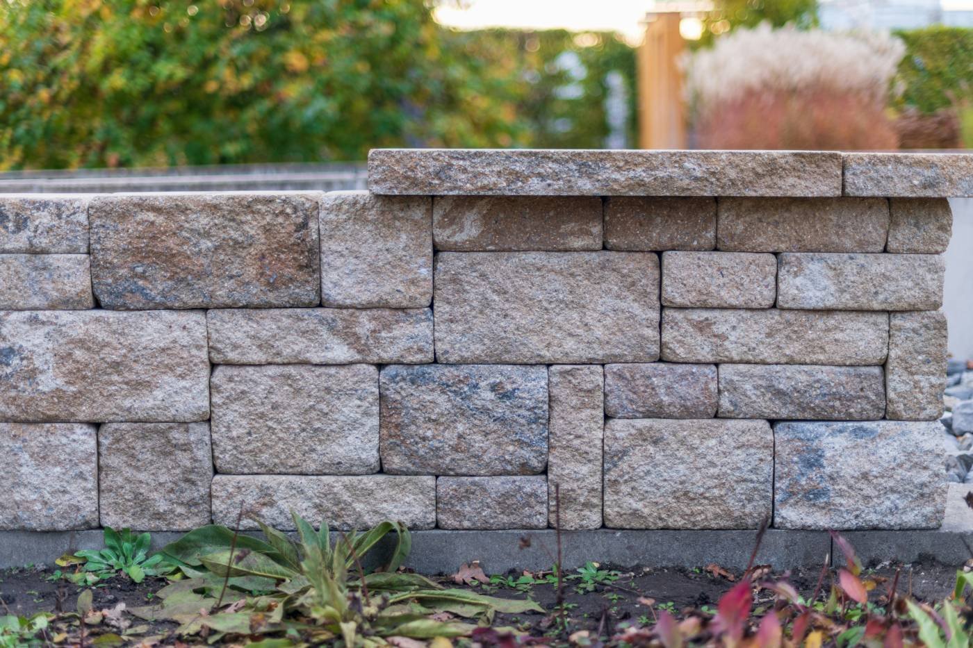 A stone garden wall with a coping course